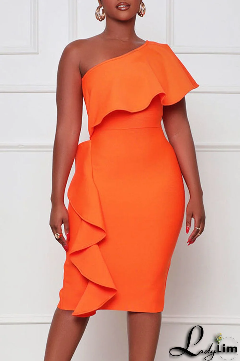 Orange Elegant Solid Patchwork Flounce Oblique Collar One Step Skirt Dresses