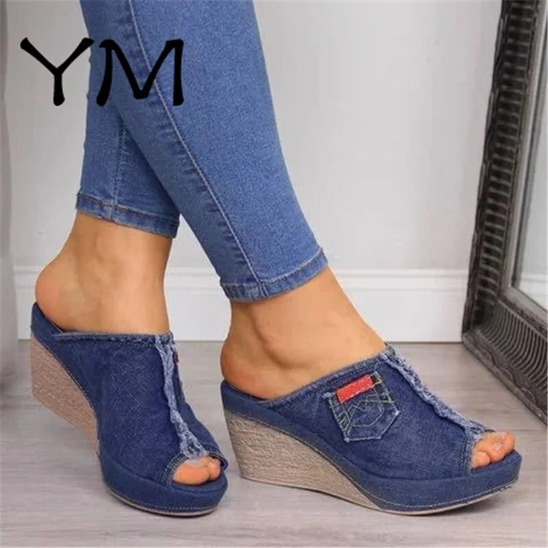 Women Sandals New Female Shoes Woman Summer Wedge Comfortable Ladies Slip-on Flat Sandalias Denim Platform Wedges High Heel