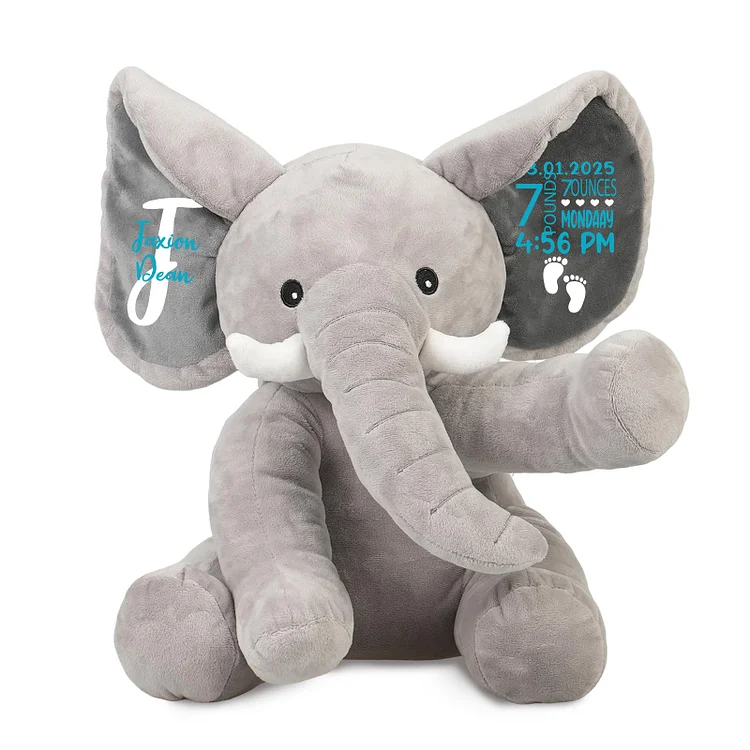 Custom Baby Birth Stats Elephant Stuffed Animal - Personalized Birth Announcement Plush Elephants for Baby Newborn Boy Girl, Customized Keepsake Baby Shower Gifts, Gray 15 Inches