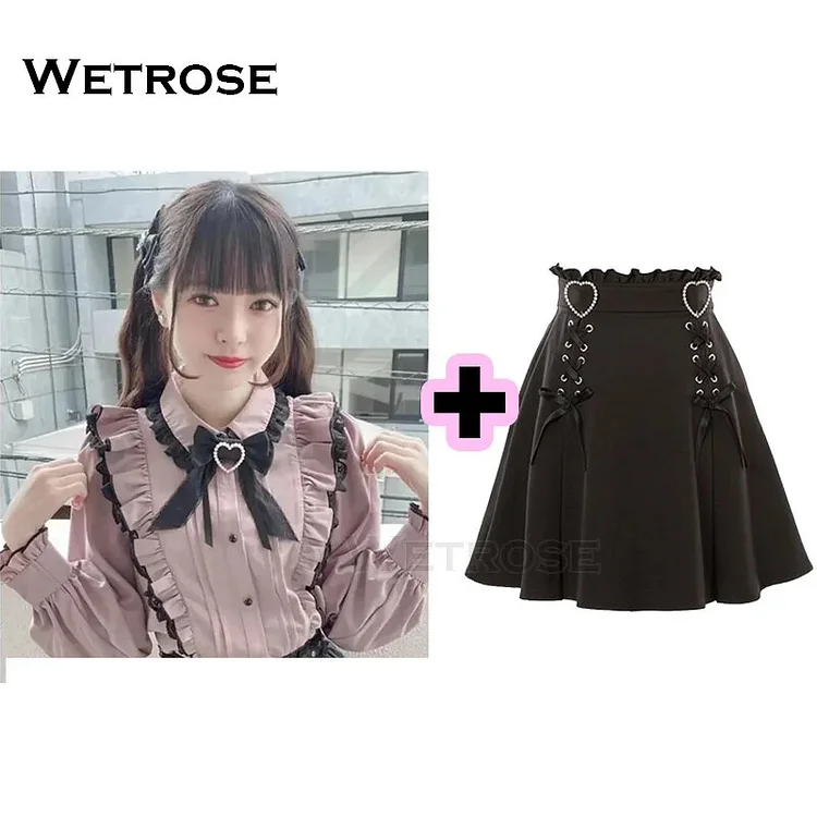 【Wetrose】Jirai Kei Clothes Costume Mine Style Cute Girl Ryousangata Japanese Kawaii Black Pink Ruffle Skirt Dress Harajuku Y2k