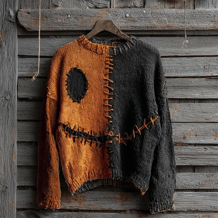 Halloween Spooky Face Contrast Stitched Cozy Knit Sweater