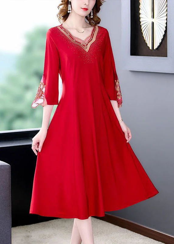 Slim Fit Red V Neck Patchwork Embroideried Silk Dresses Flare Sleeve