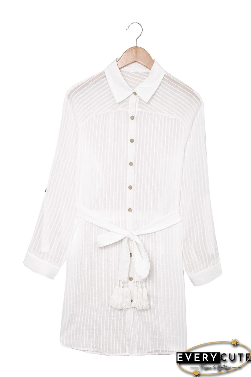 White Striped Shirt Dress Beach Cover up with Belt