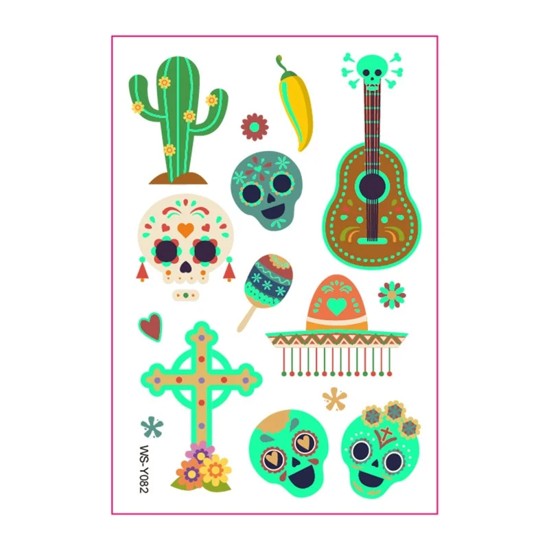 New Day of the Dead Luminous Fluorescent Tattoo Sticker Children's Cartoon Waterproof Guitar Halloween Skull Tattoo