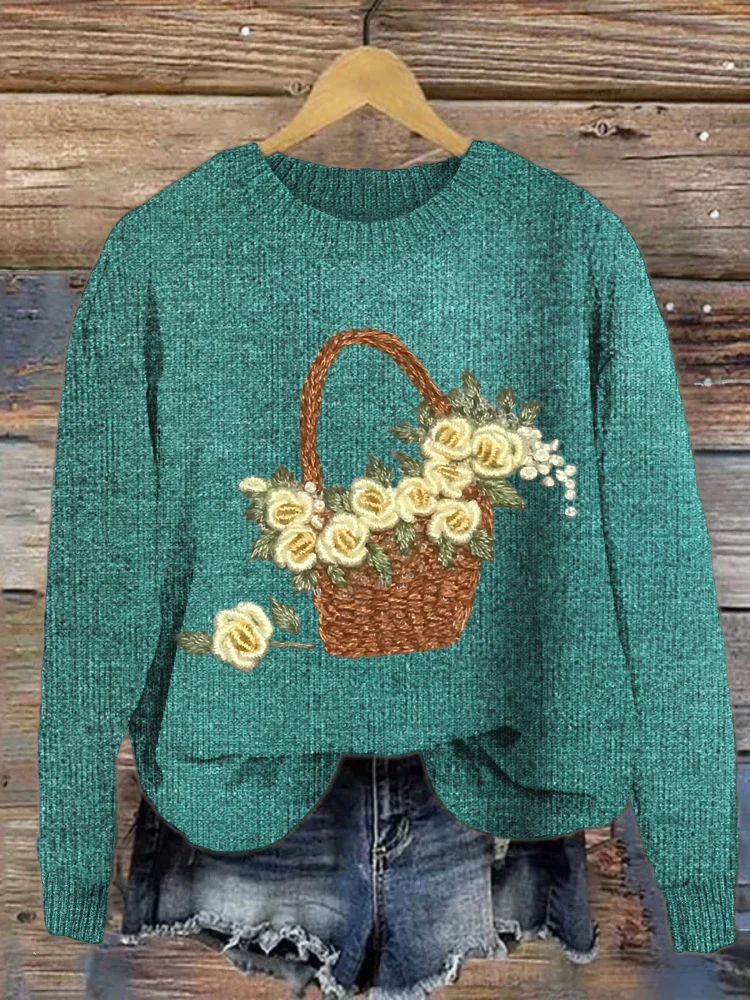 VChics Flower Basket Pattern Cozy Knit Sweater