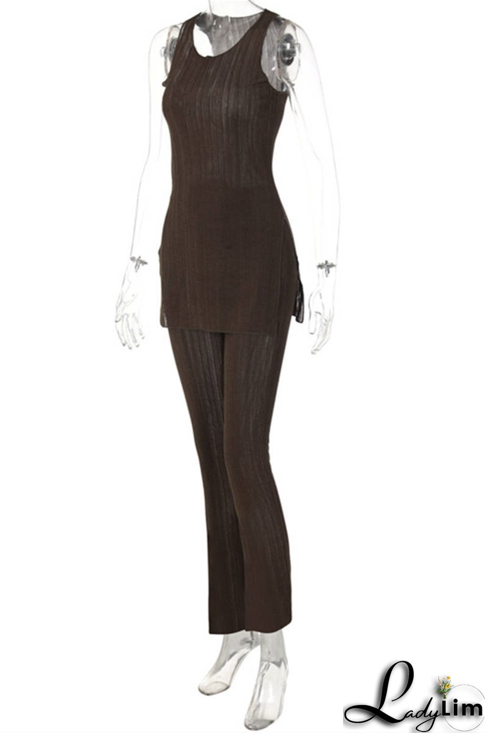 Black Fashion Casual Solid Slit O Neck Sleeveless Two Pieces