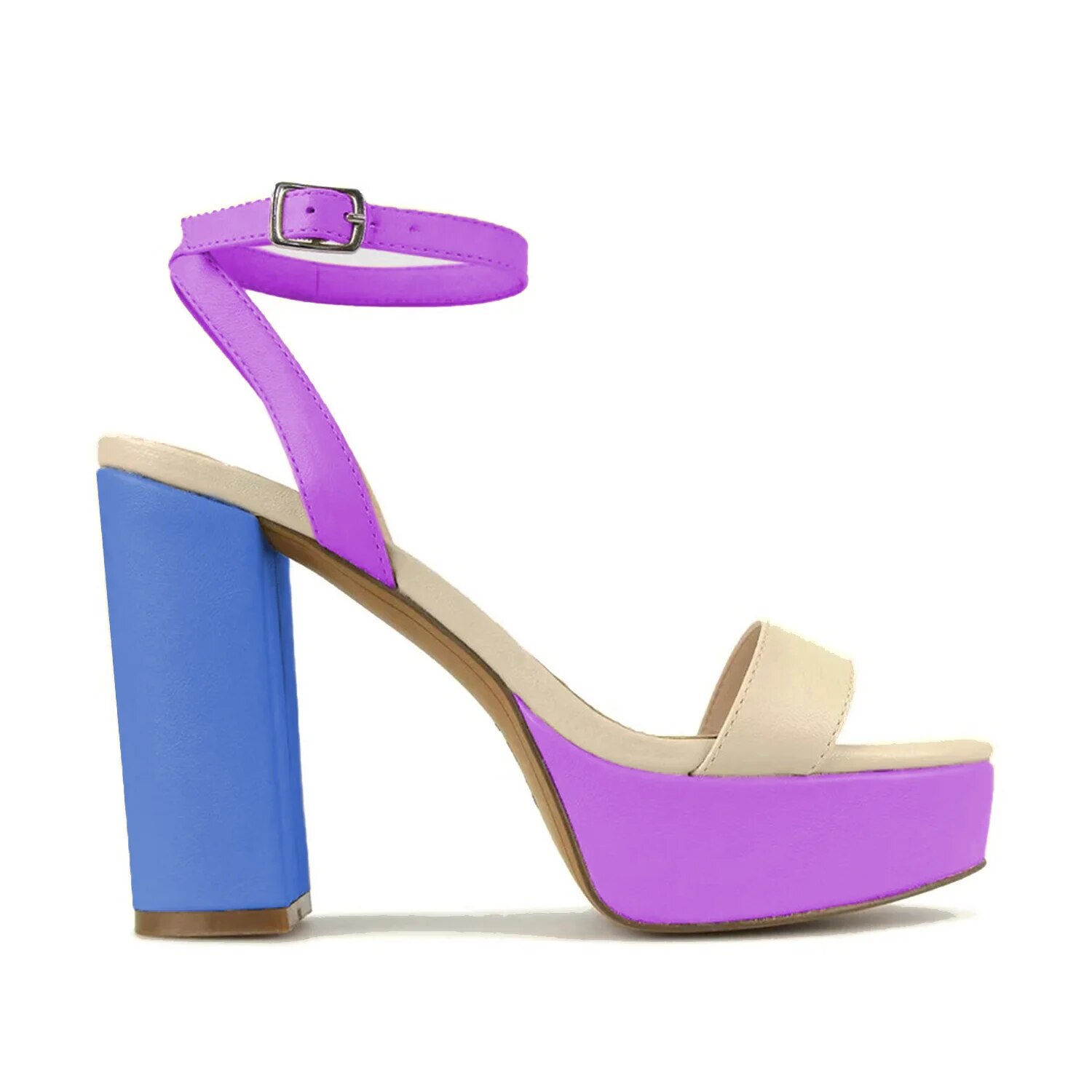 TAAFO Purple Multicolor 3cm Platform High Chunky Heels Women Sandals Round Toe Ladies Dress Buckle Strap Shoes 