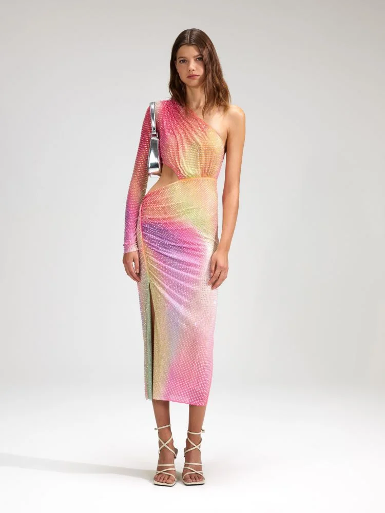 Brownm High-End Women's Sexy Oblique Shoulder-Luff Color Dress High-End Temperament Open-Fork Dress Dress With Hip Skirt