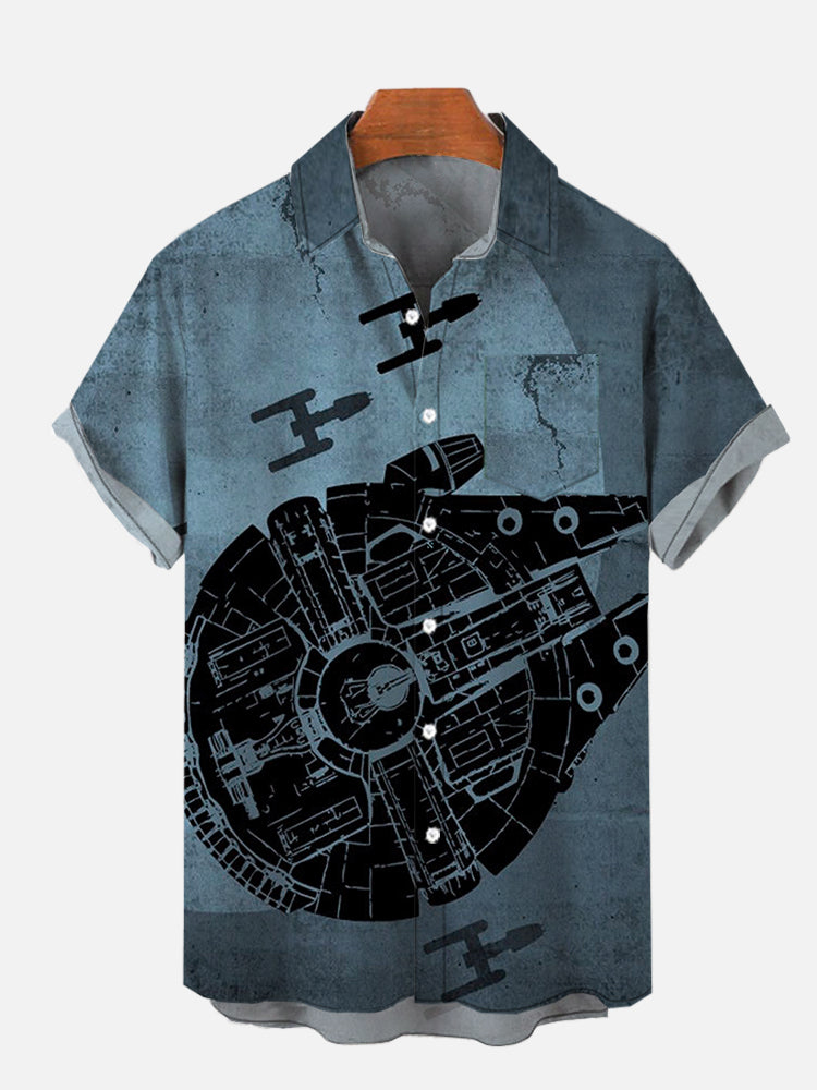 Retro blue space vehicle and drone print shirt PLUSCLOTHESMAN