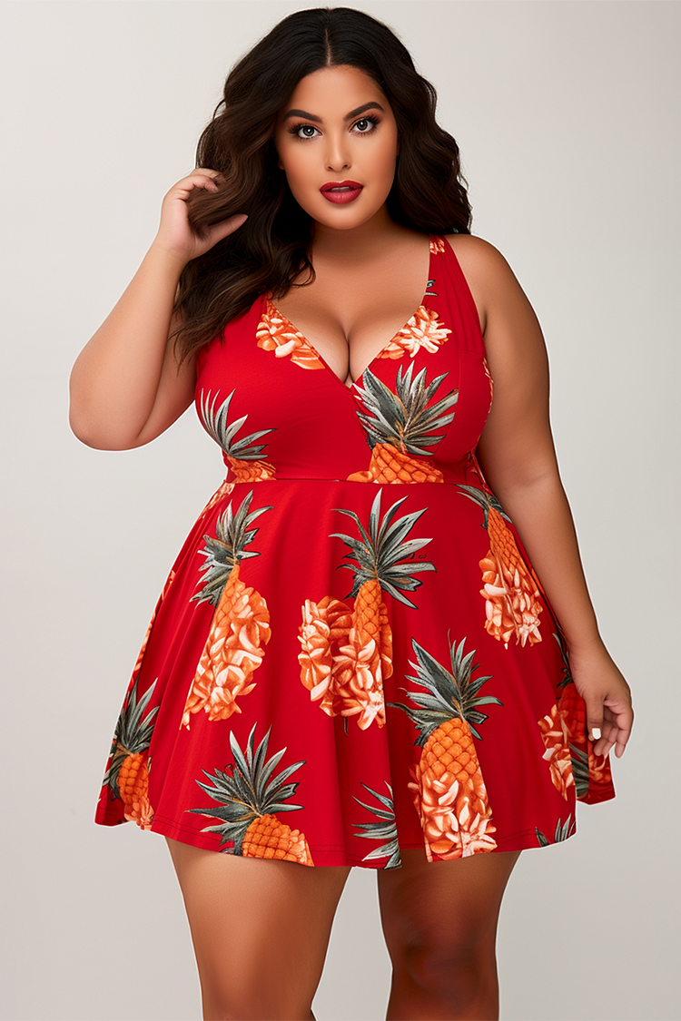 Xpluswear Design Plus Size Beach Red Tropical Pineapple Print V Neck Swimsuit Fabric Swimwear Dress [Pre-Order]