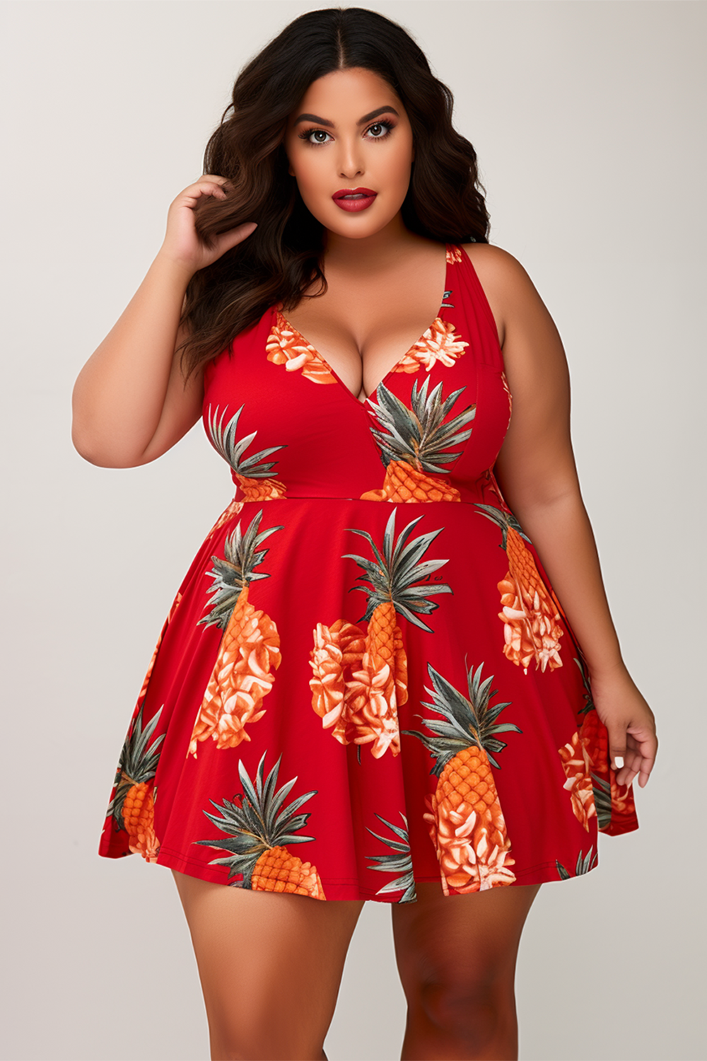 Design Plus Size Beach Red Tropical Pineapple Print V Neck Swimsuit Fabric Swimwear Dress [Pre-Order]