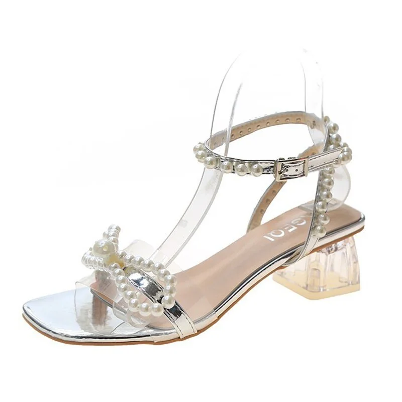 Fashion Ankle Strap Pearls Sandals Women 2022 Summer PVC Transparent Heels Sandalias Mujer Beaded Bow Party Shoes Woman