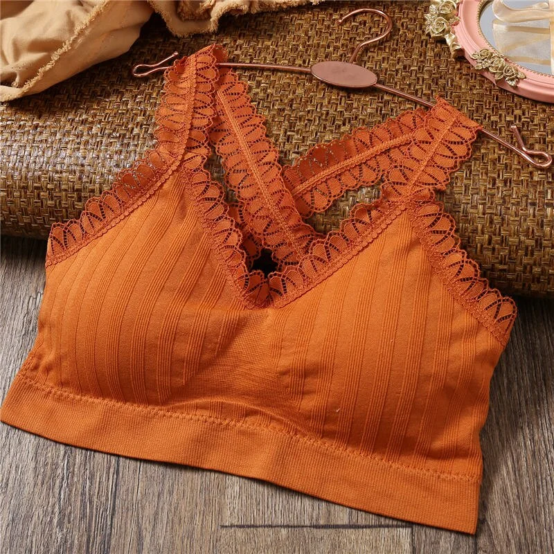Women Lace Tops Solid Color Tank Crop Top Bra Underwear Cotton Tube Top Female Back Cross Lingerie Removable Padded Intimates
