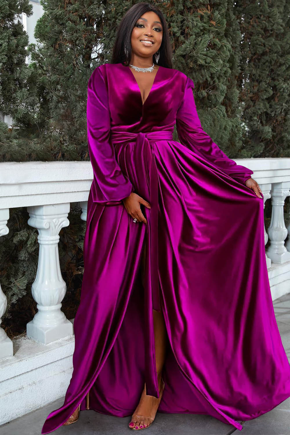Design Plus Size Semi Formal Dress Magenta Velvet Lantern Sleeve Maxi Dress With Belt