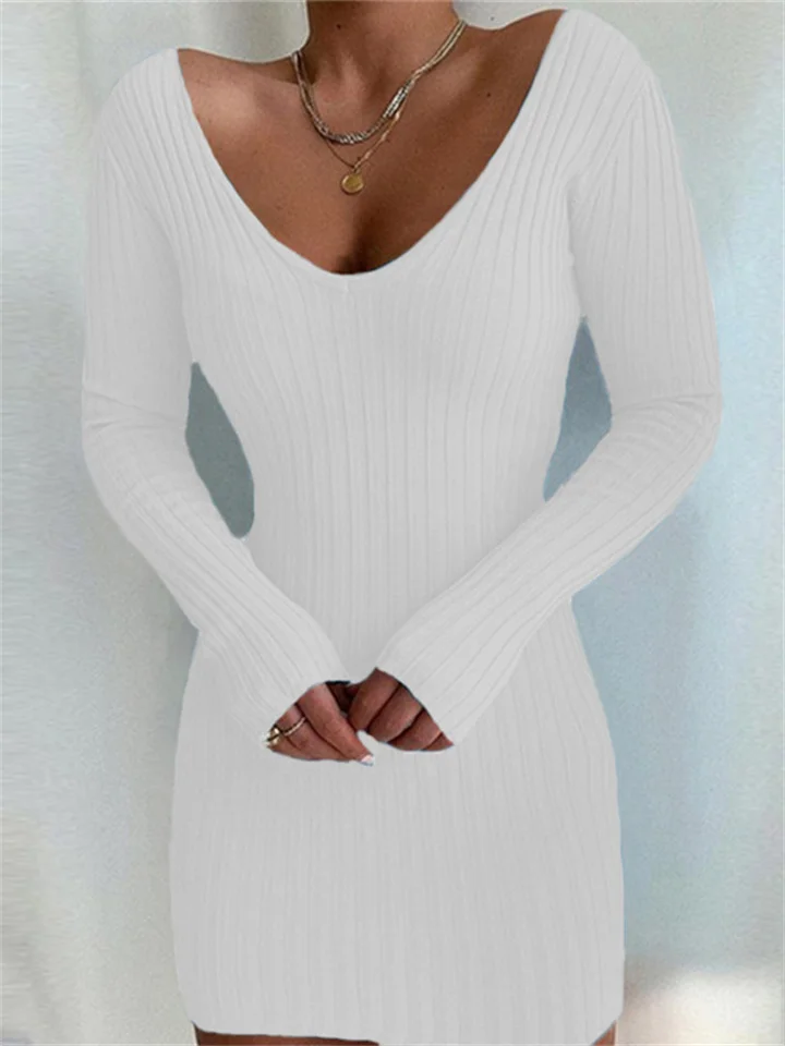 Women's Autumn and Winter New V-Neck Slim Long-Sleeved Knitted Sweater Dress
