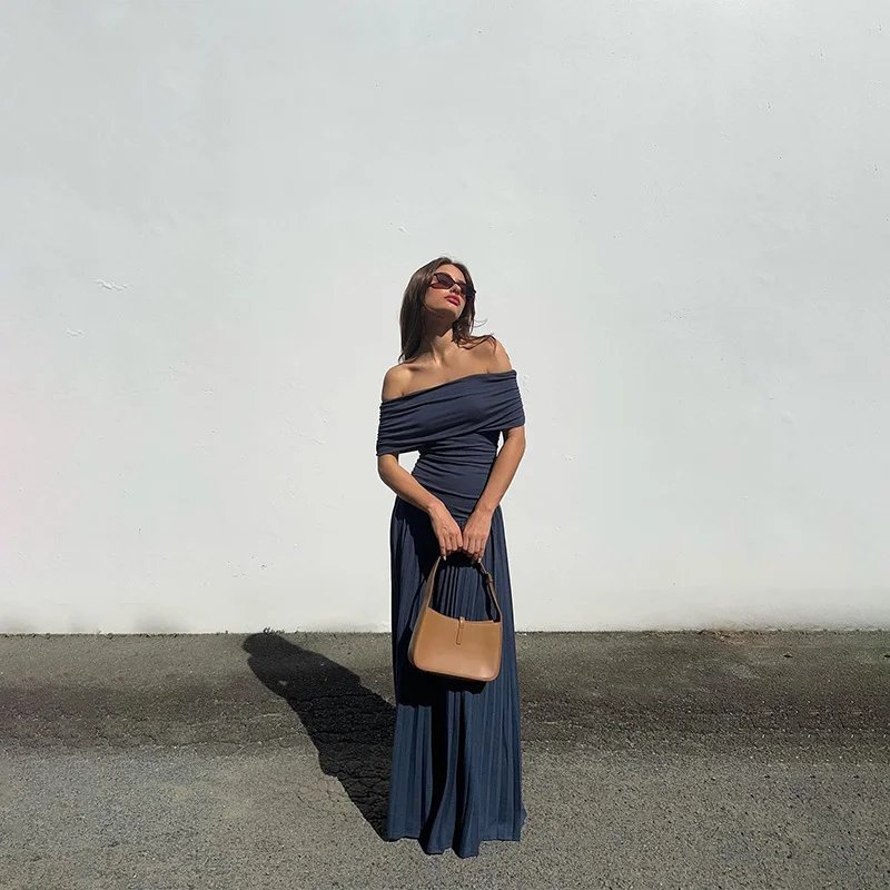 Uveng Uveng Women's Wear 2024 Summer New One-Word Collar Temperament Elegant Sexy Slim Pressure Pleated Strapless Dress