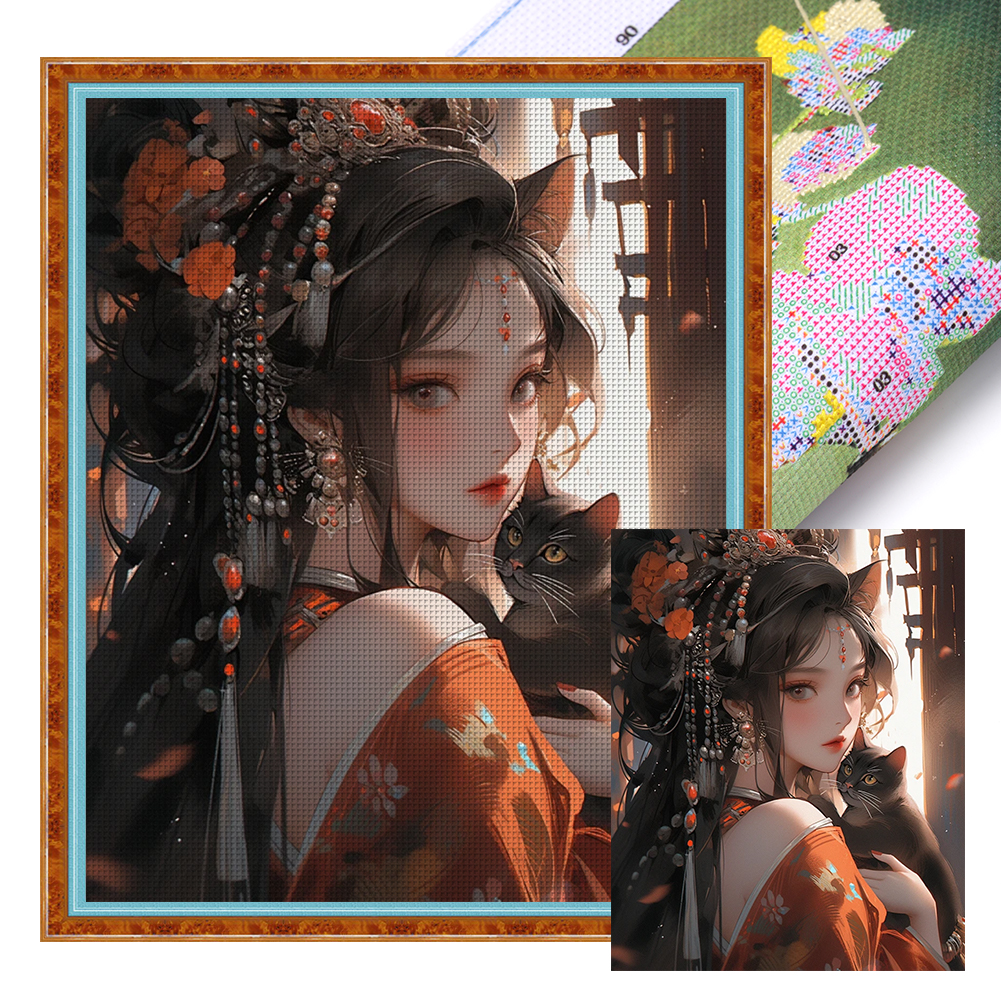 Girl Cat Full 14CT Pre-stamped Canvas(45*55cm) Cross Stitch