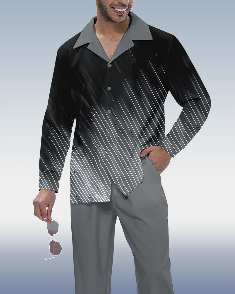 Suitmens Men's Gradient Print Long Sleeve Shirt Walking Suit 321