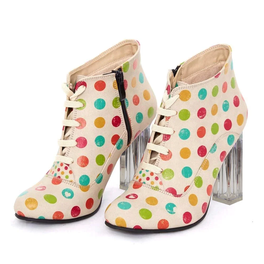 Multicolor Dot Lace Up Ankle Boots With Zipper Decorative Chunky Heels Nicepairs