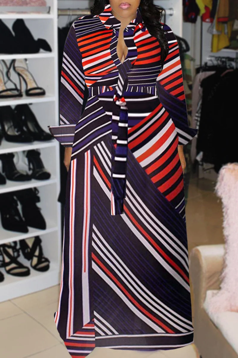 Casual Print Patchwork Buckle Turndown Collar Shirt Dress Dresses