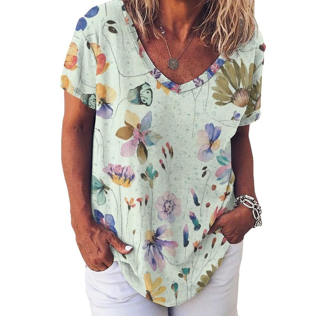 V-neck Short Sleeve Casual T-shirt for  Women Printed with Pattern Floral, Green, Colorful