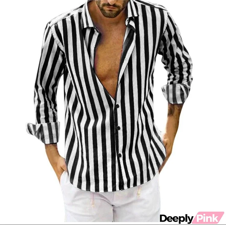 Man Fashion Casual Loose Solid Color Stripe Lapel Single-Breasted Blouse