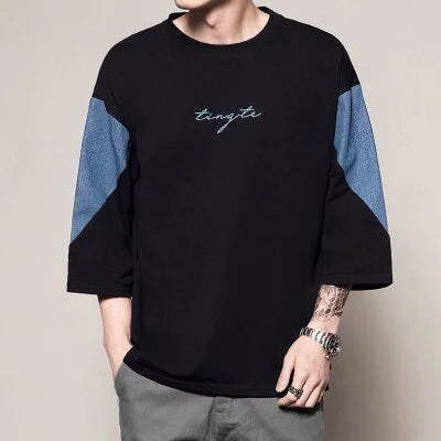 Woherb Summer T-shirt Men Oversized Cotton Half Sleeve Tops Tees Man Color Blocking Embroidery Logo Black White Casual T shirt Male 5XL