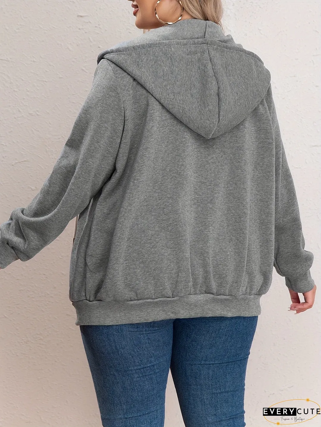 Plus Size Casual Sweatshirt, Women's Plus Solid Zipper Front Long Sleeve Drawstring Hooded Sweatshirt