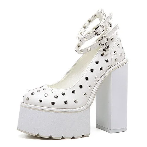 Gdgydh Fashion High Heels Pumps For Women Spring Autumn Round Toe Ankle Buckle Leather Female Platform Shoes Rivet Gothic Punk