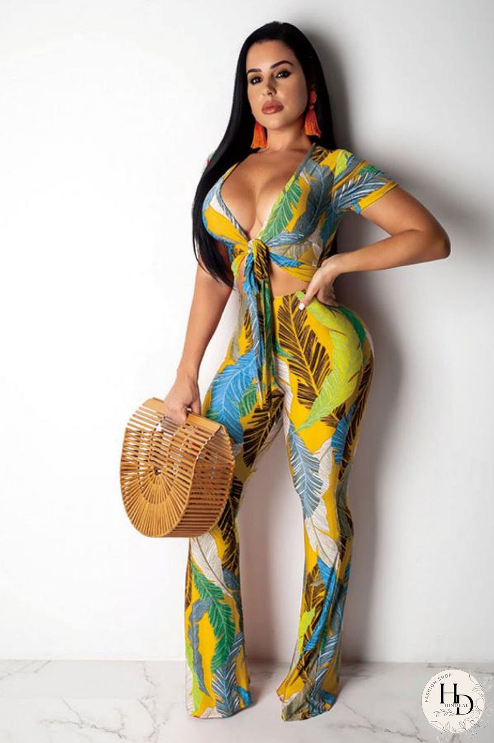 Yellow Polyester Fashion Sexy Patchwork Print Boot Cut Short Sleeve Two-piece Pants Set