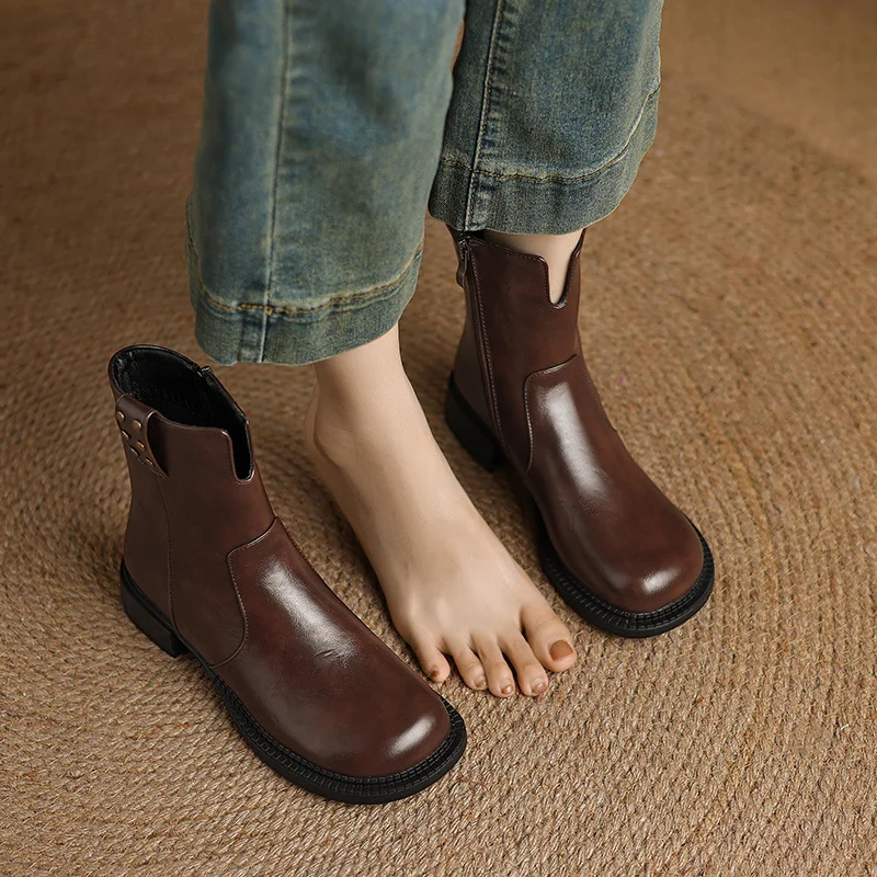 Breakj Breakj Plus Size Boots Vintage Round Head Western Boots Thick Heel Ankle Boots Women's Fall New Style Side Zipper Low Heel Skinny Boots