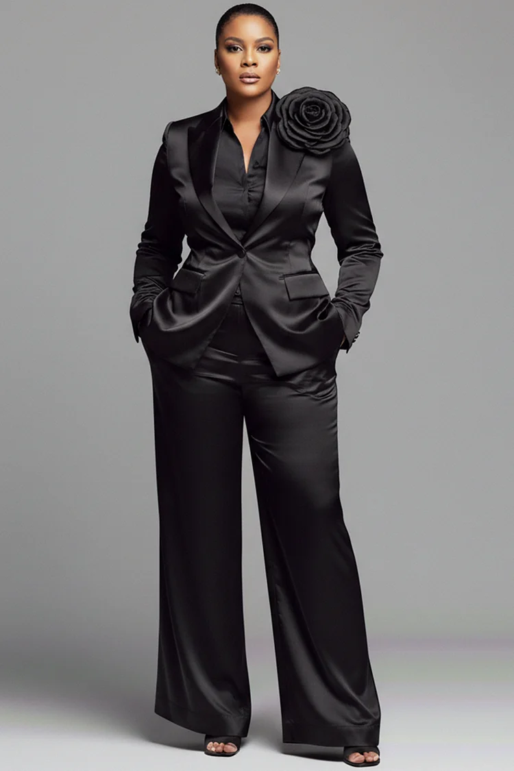 Xpluswear Design Plus Size Formal Black Lapel Collar Long Sleeve 3D Pocket Satin Two Piece Pant Suits 2024 - Xpluswear