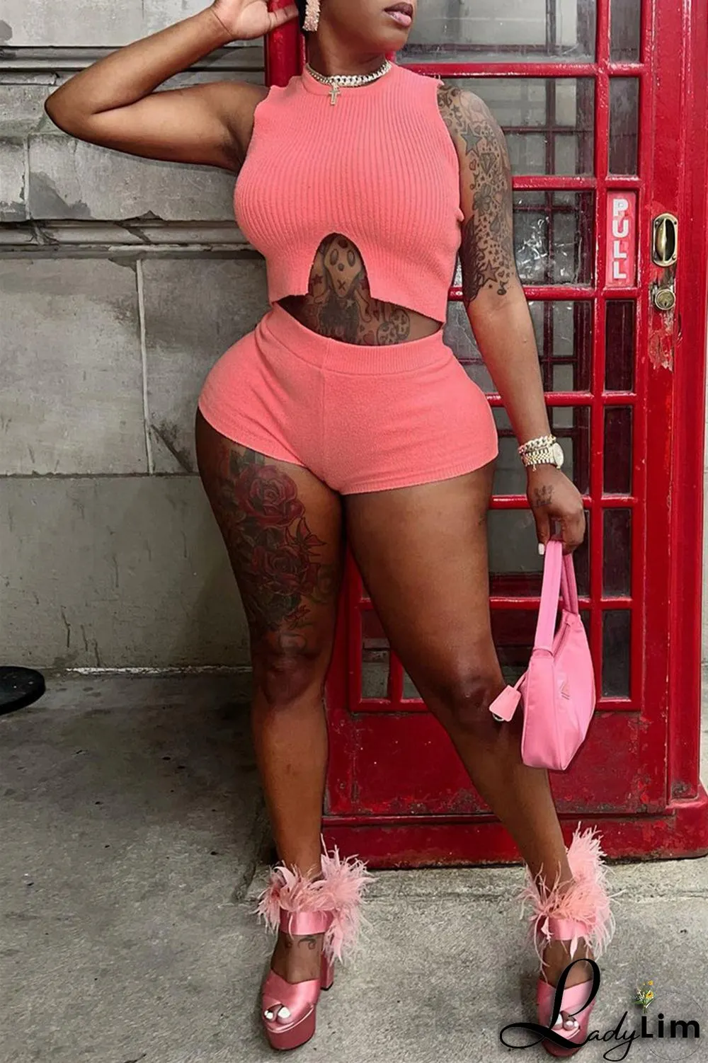 Pink Fashion Casual Solid Basic O Neck Sleeveless Two Pieces