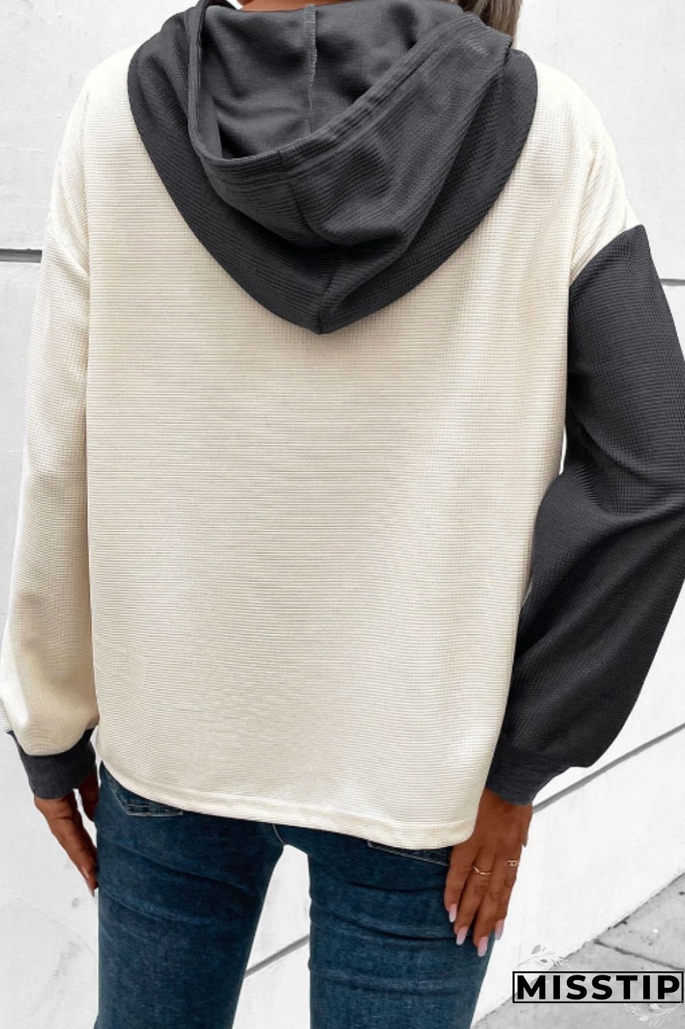 Waffle-Knit Two-Tone Long Sleeve Hoodie