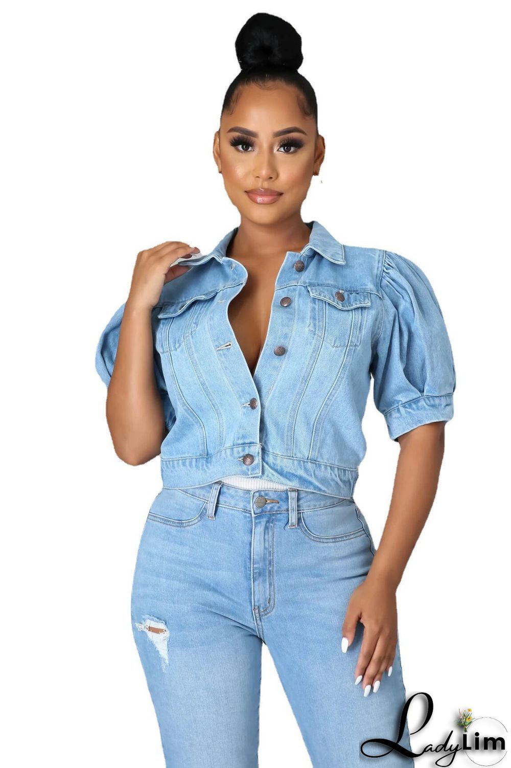 Fashion Button Up Short Sleeve Half Puff Sleeve Women Denim Jacket