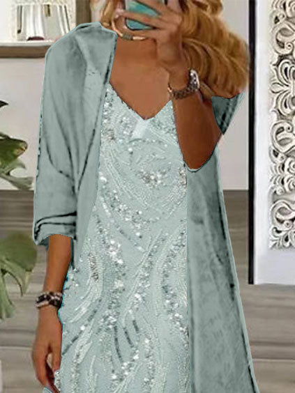 (PRE ORDER)Women's Long Sleeve V-neck Graphic Printed Two Pieces Maxi Dress