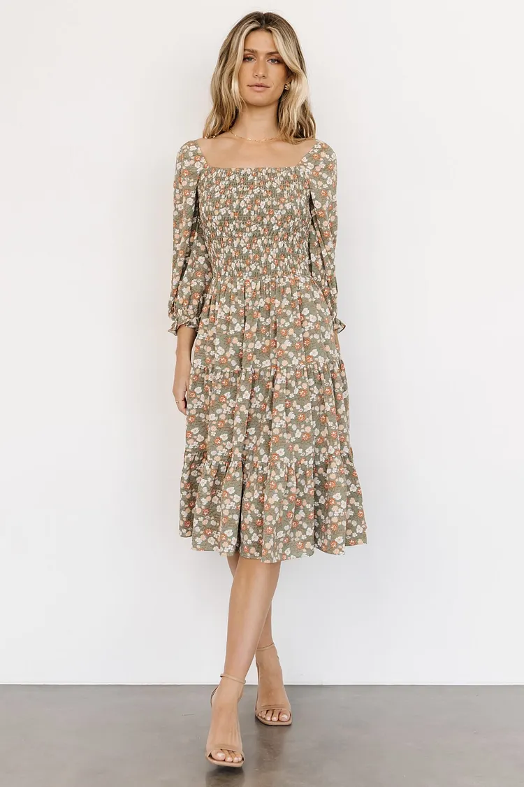 Smocked Floral Midi Dress - Dusty Olive Floral