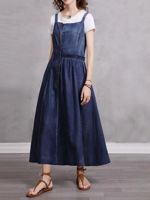 Women's Denim Suspender Sleeveless Off-shoulder Maxi Dress