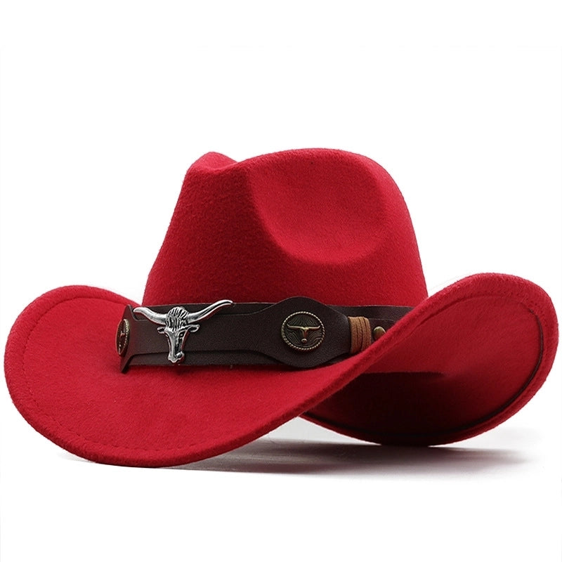 Simple Brim Hat Woolen Jazz Hat British Style Top Hat Cow Head Belt Solid Color Western Cowboy Hat