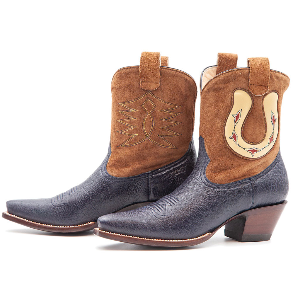 Navy & Tan Ostrich Embossed Stitching Snip Toe Short Cowgirl Boots Nicepairs