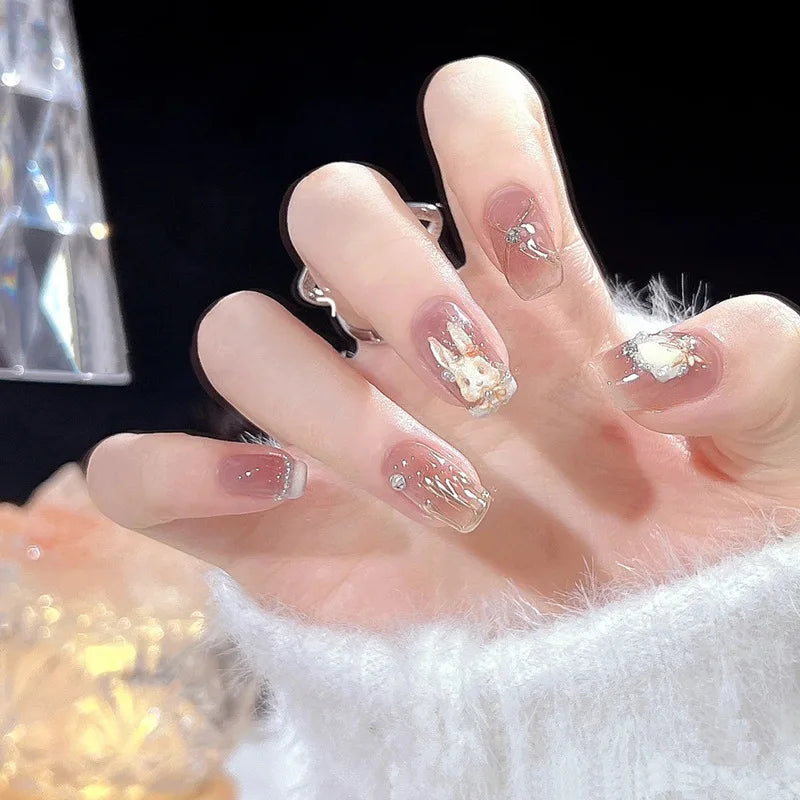 Aiertu 24Pcs Valentine Nails Press on Love Y2k Acrylic Nails Sparkle Butterfly French Cat Eye Almond Full Cover Stick on False Nail Tip Aiertu
