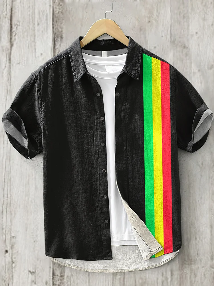 Men'S Reggae Art Short Sleeve Linen Blend Shirt