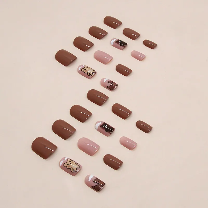 Churchf Churchf And Winter Brown Maillard Cute Bear White Fashion Versatile Finished Nail Film Ins Wind Fake Nails