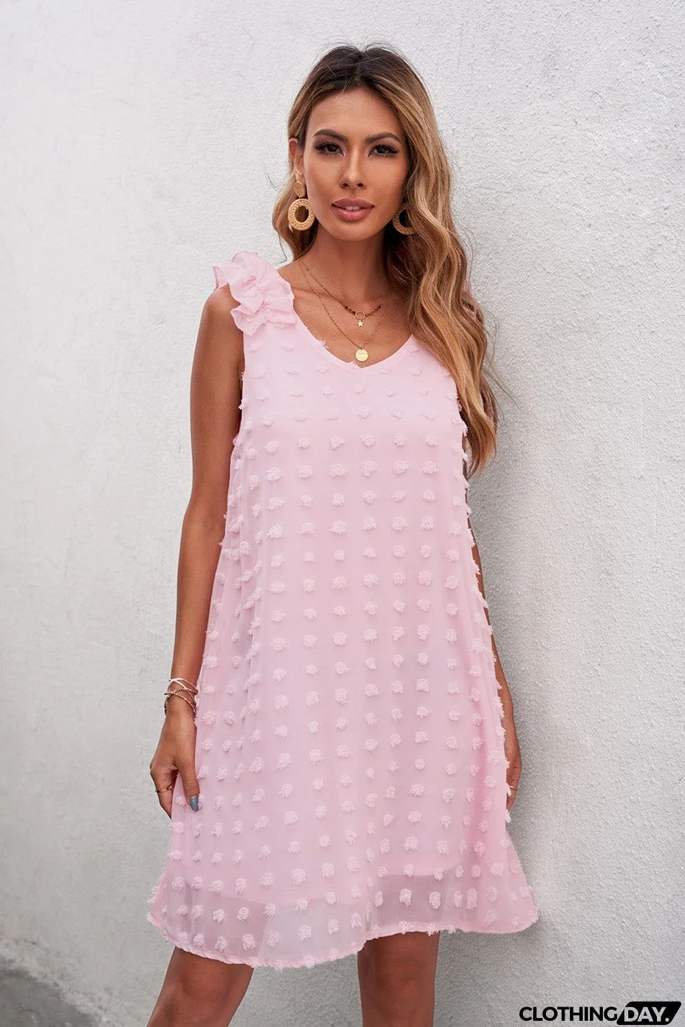 Swiss Dot V Neck Ruffled Sleeveless Mini Dress