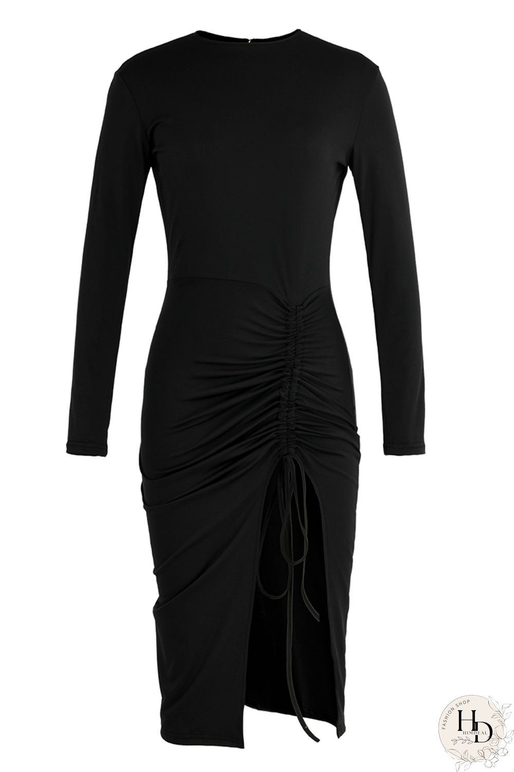 Burgundy Fashion Solid Bandage Draw String Slit O Neck Long Sleeve Dresses