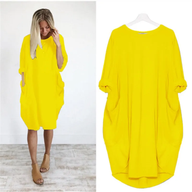 Autumn Solid Color Dress Women 2021 Fahsion Pocket O Neck Long Sleeve Loose Vintage Dresses Female Plus Size Casual Midi Dress