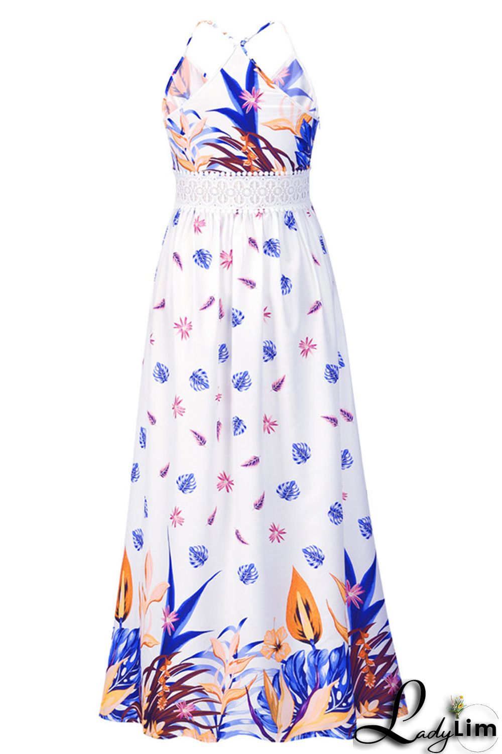 White Sexy Print Patchwork Spaghetti Strap A Line Dresses