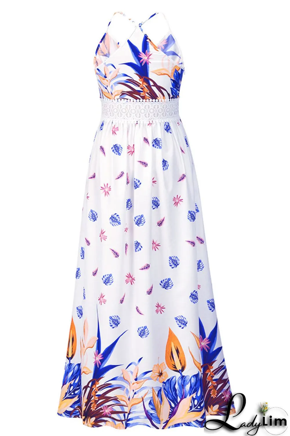 White Sexy Print Patchwork Spaghetti Strap A Line Dresses