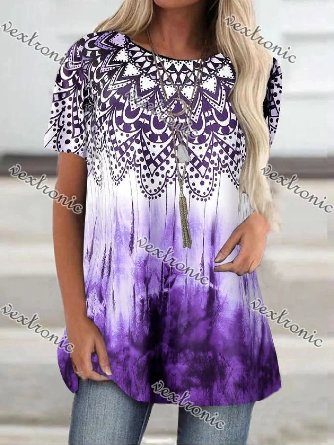 Women Short Sleeve Scoop Neck Gradient Printed Tops