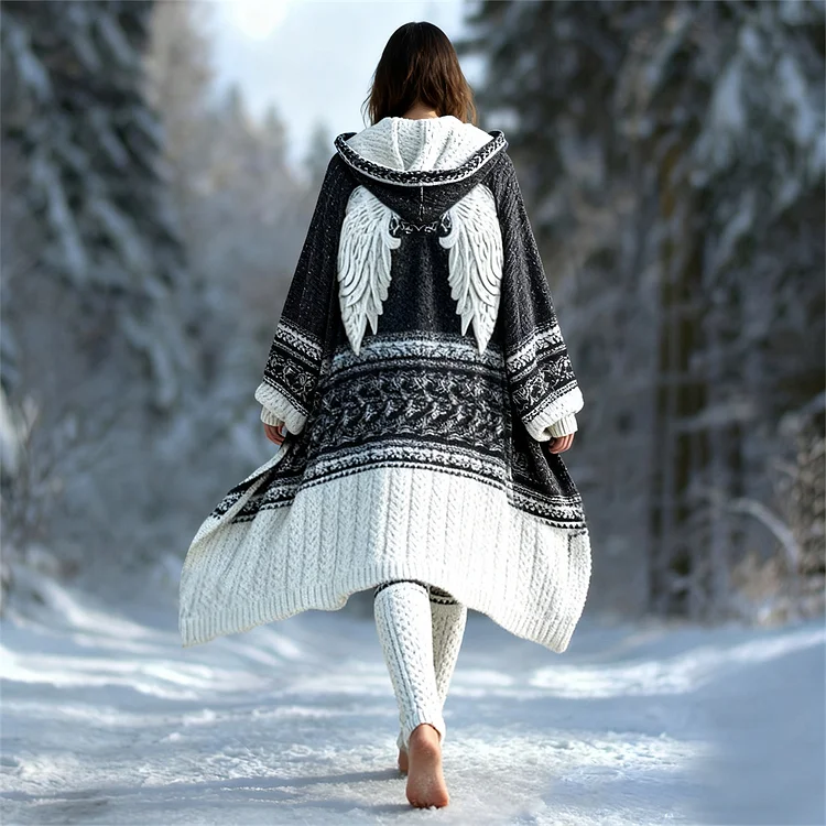 Viking Angel Wings Design Women's Knit Hooded Cardigan